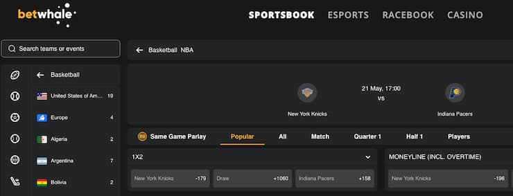 A snapshot of BetWhale, one of our top rated New York sports betting sites.
